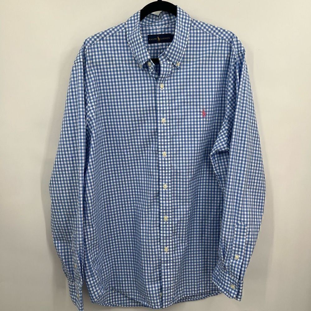Ralph Lauren Collared Long Sleeve Button-Down Plaid Blue & White Shirt Size XL